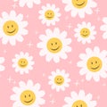 70Ã¢â¬â¢s cute seamless smiling daisy repeat pattern with flowers. Floral hippie pink pastel vector background.